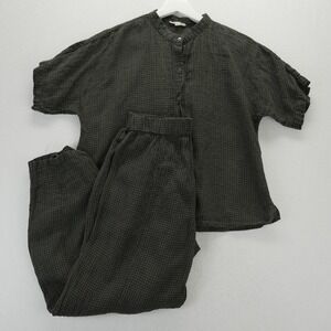 Eileen Fisher Organic Linen Gingham Check Set Top and Pants Dark Green XXS